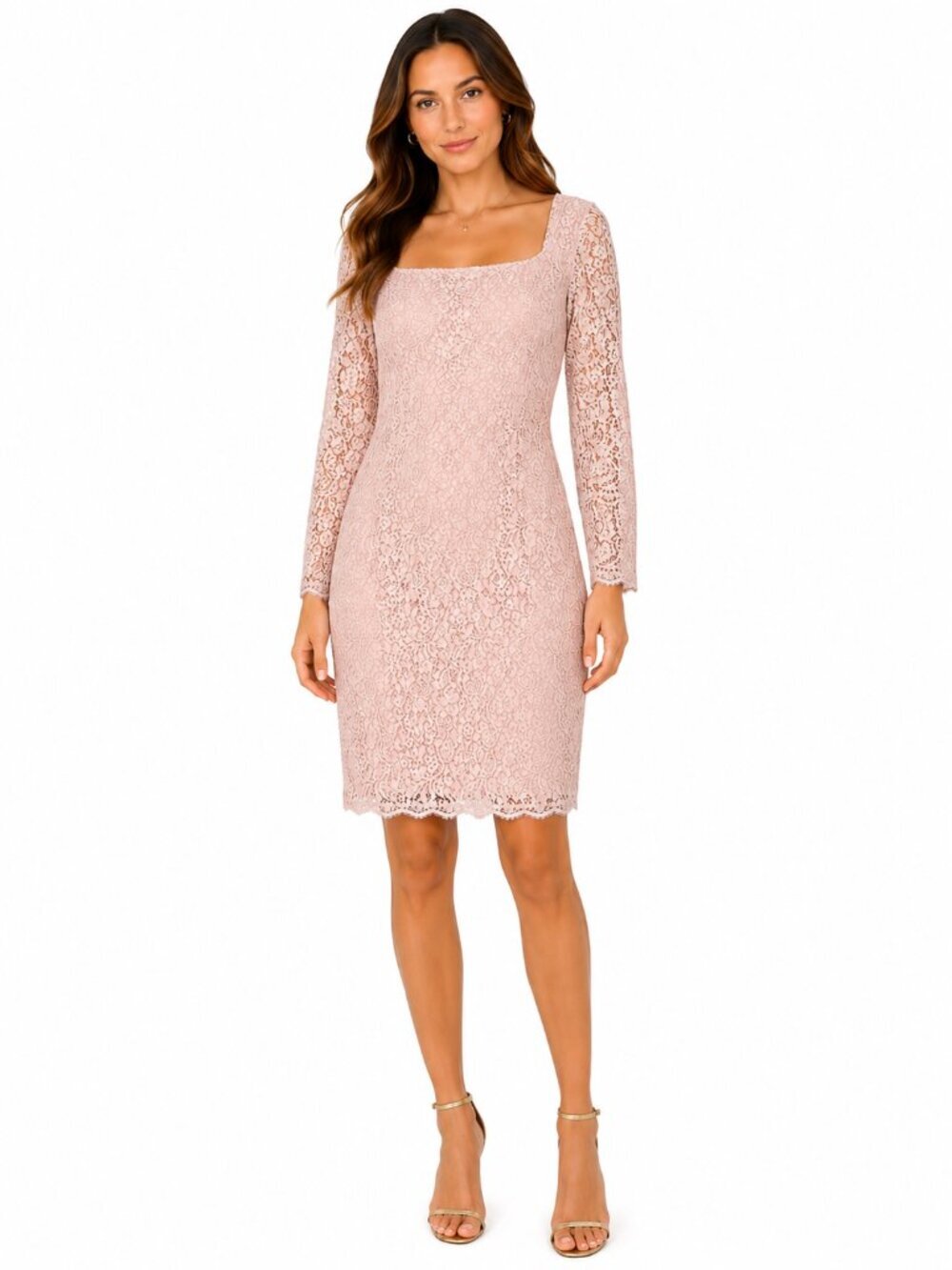 ADRIANNA PAPELL Blush Pink Lace Square Neck Long Sleeve Sheath Dress Size 10